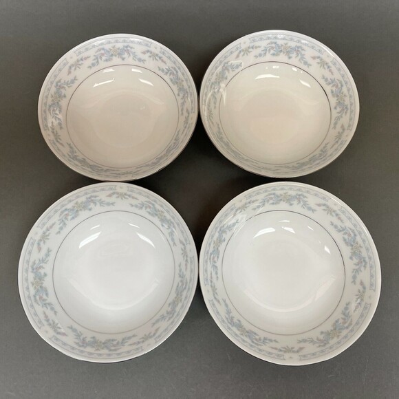 Somerset NL Excel Soup Cereal Bowl Floral White Blue Platinum Trim Lot of 4 - Picture 1 of 6
